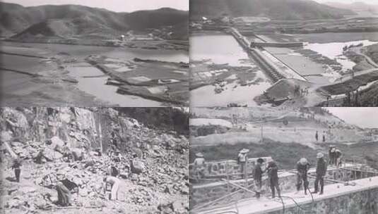 60、70年代水利工程挖河道建大坝高清在线视频素材下载