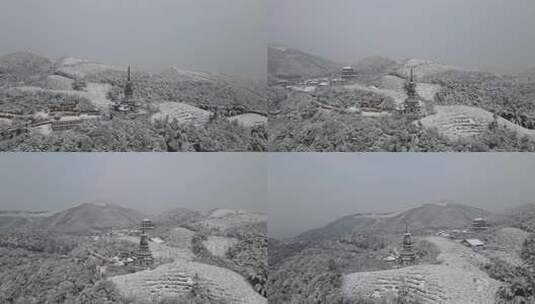 航拍杭州径山寺中式古建筑寺庙山顶森林雪景高清在线视频素材下载