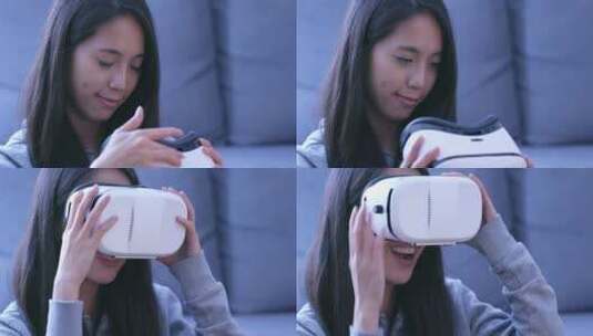 女人晚上用虚拟现实设备高清在线视频素材下载