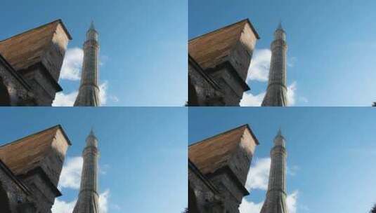 低角度拍摄的圣索菲亚大教堂尖塔清真寺高清在线视频素材下载