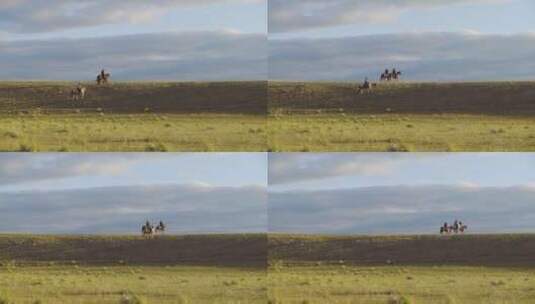 几个牧民在清晨骑着马在草原上奔腾高清在线视频素材下载
