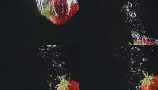 新鲜草莓落入水中的特写慢镜头高清在线视频素材下载