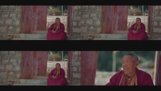 喇嘛坐在寺庙门口高清在线视频素材下载