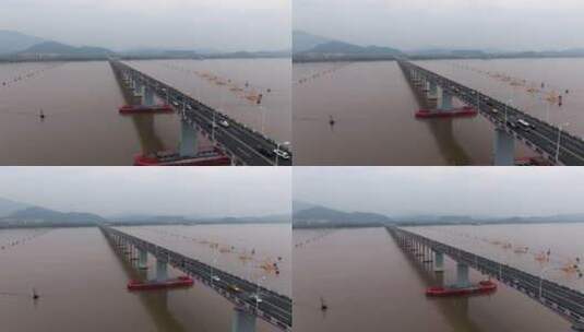 航拍台州椒江大桥侧面与车流往章安方向高清在线视频素材下载