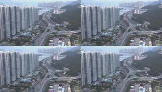 航拍高空俯瞰香港楼群及公路高清在线视频素材下载