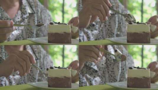 老赛诺尔在咖啡馆吃巧克力慕斯蛋糕。高清在线视频素材下载