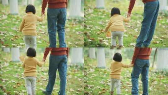 妈妈牵着小女孩的手走在秋天公园草地上高清在线视频素材下载
