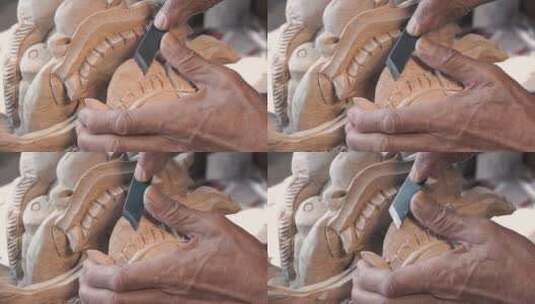 木雕手艺人雕刻狮子 非遗古建筑木雕 精美4K高清在线视频素材下载