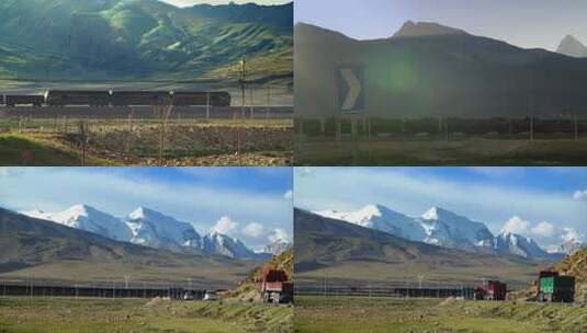 青藏铁路火车驶过青藏公路雪山铁路草原高清在线视频素材下载