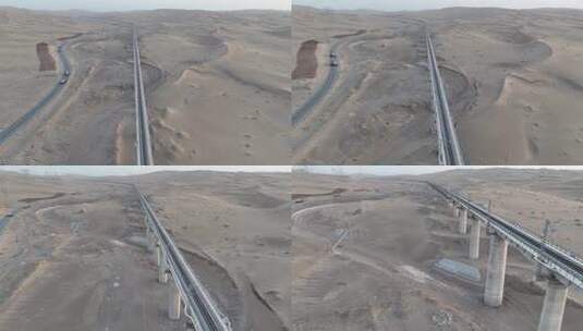 4k航拍沙漠公路铁路高清在线视频素材下载