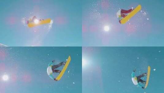 单板运动员高空跳跃旋转穿过太阳慢动作高清在线视频素材下载