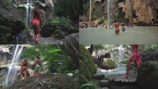 比基尼美女与男朋友度假旅行森林瀑布菲律宾高清在线视频素材下载