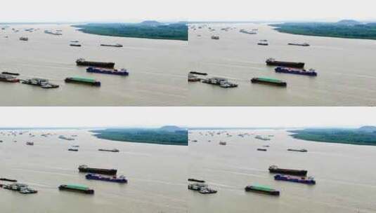 航拍轮船货轮航行长江江边堤岸润扬大桥高清在线视频素材下载
