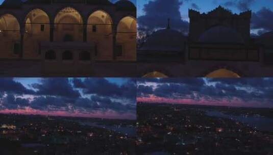 苏莱曼尼耶清真寺和伊斯坦布尔市日落鸟瞰高清在线视频素材下载