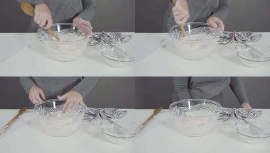 在玻璃搅拌碗中混合配料制作自制平板面包高清在线视频素材下载