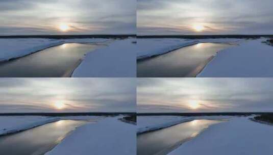 航拍海拉尔河不冻河初春雪景高清在线视频素材下载