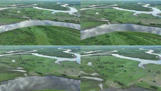 航拍夏季海拉尔河湿地晨景高清在线视频素材下载