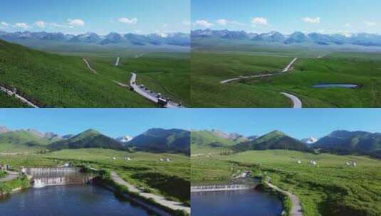 4k新疆伊犁草原山脉雪山航拍旅拍旅游高清在线视频素材下载