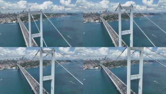 伊斯坦布尔博斯普鲁斯海峡大桥和城市天际线背景与土耳其国旗在美丽的日落高清在线视频素材下载