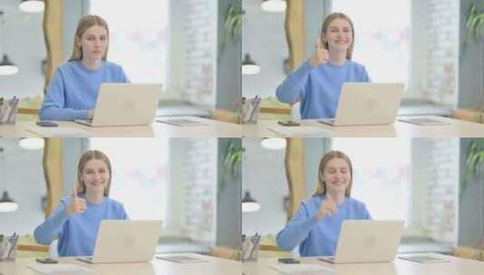 工作的女人竖起大拇指高清在线视频素材下载