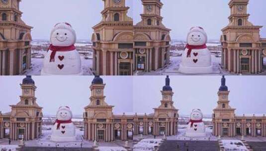 东北黑龙江哈尔滨广场雪人画面从近到远航拍高清在线视频素材下载