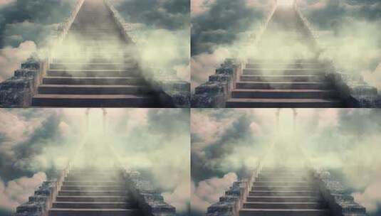 动画-通往天堂的台阶，云中的楼梯通向天堂的大门高清在线视频素材下载