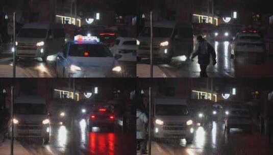 山东威海火炬八街傍晚雪景游客车辆高清在线视频素材下载
