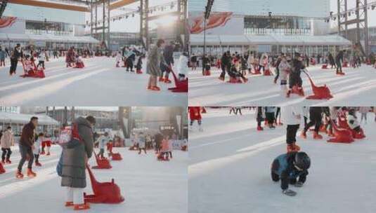 商场欢乐的亲子运动游戏滑冰升格高清在线视频素材下载