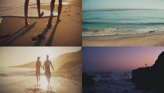 4K情侣在海边沙滩奔跑嬉戏夕阳比基尼美女高清在线视频素材下载