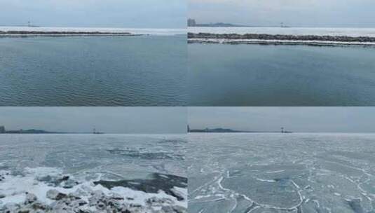 秦皇岛冬季仙螺岛海边冻海高清在线视频素材下载