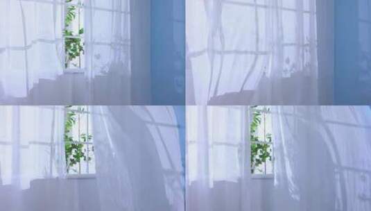 风吹起窗帘阳光窗户白色室内植物高清在线视频素材下载