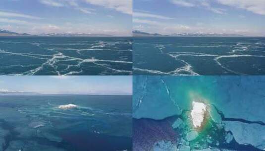 赛里木湖冰川融化航拍高清在线视频素材下载