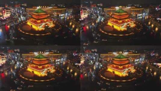 西安钟楼夜景航拍高清在线视频素材下载