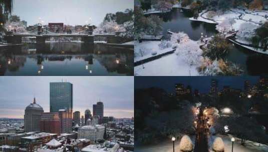 波士顿市中心雪景桥河流摩天大楼夜景灯光高清在线视频素材下载