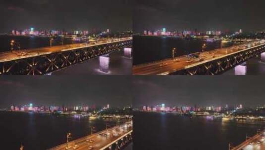 无人机近距离航拍湖北省武汉市长江大桥夜景高清在线视频素材下载