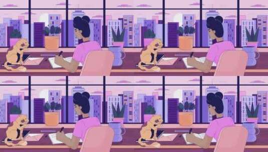 洛菲学习女孩与猫线卡通动画高清在线视频素材下载
