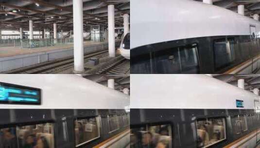 高铁缓缓驶出驶入站台行驶在路上窗外风景高清在线视频素材下载