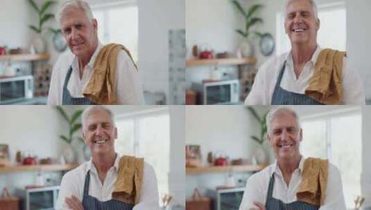 男人，微笑和自信，厨房里有围裙，可以做饭高清在线视频素材下载