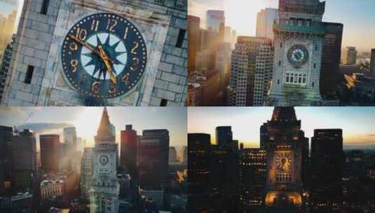 航拍波士顿市中心地标钟楼日出阳光时间流逝高清在线视频素材下载