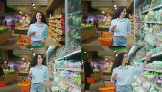 年轻的西班牙裔妇女在超市购物，在杂货店散高清在线视频素材下载