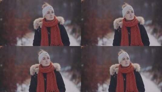 冬天在森林里散步的女人高清在线视频素材下载