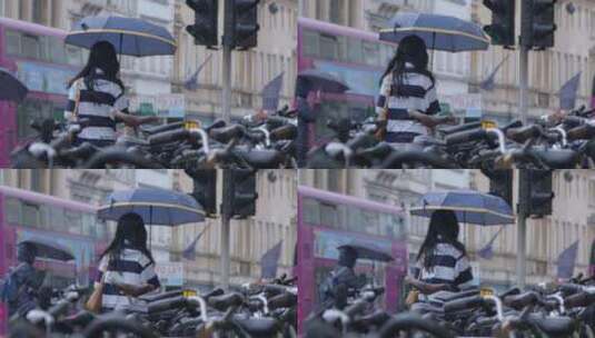 低角度拍摄打着雨伞的女人背影高清在线视频素材下载