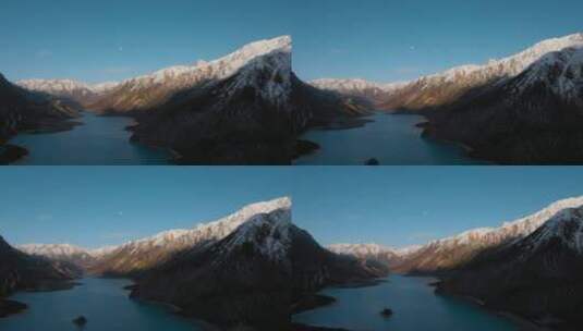 雪山湖泊视频青藏高原日照金山湖泊小岛电杆高清在线视频素材下载