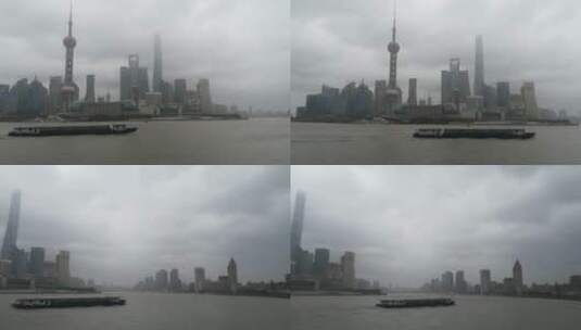 台风中的黄浦江中船行驶经过东方明珠塔高清在线视频素材下载