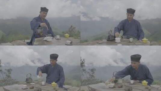 在山上泡茶喝茶高清在线视频素材下载