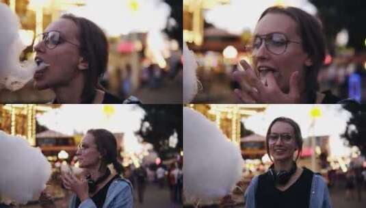 吃棉花糖的美丽女孩高清在线视频素材下载