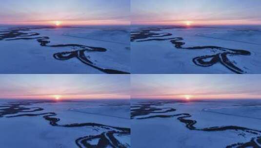 航拍呼伦贝尔草原河湾雪景暮色高清在线视频素材下载