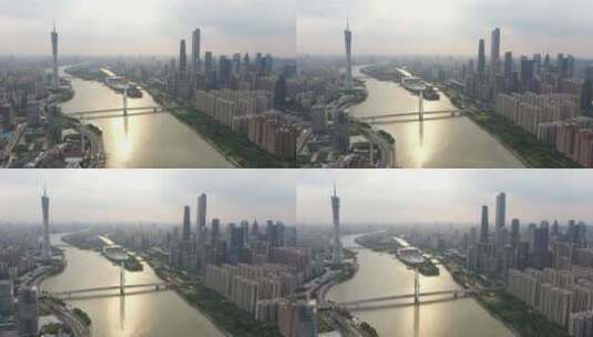 广州城区珠江白天航拍广州塔入海口高清在线视频素材下载