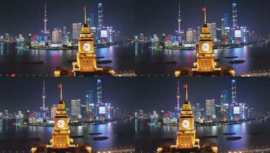 上海外滩海关大楼夜景航拍高清在线视频素材下载