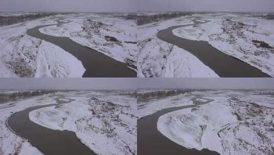 阴雪天航拍农村河流高清在线视频素材下载